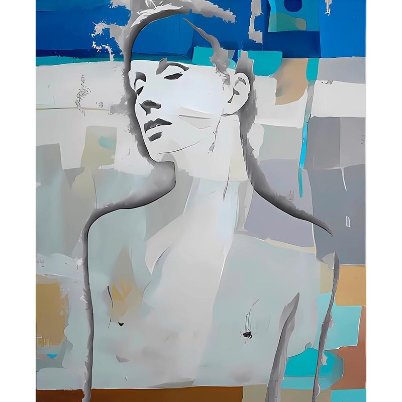 Arte moderno, Retrato gris sobre abstracto azul, decoración pared Cuadros Salón Comedor venta online